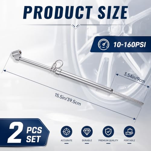 Image of BBTO 2 Pcs 10-160 Psi Low Pressure Tire Gauges Pencil Tire Gauges | Stainless Steel, Tire Gauges for Tire Pressure, Reverse Osmosis Tank, Garden Tractors, Golf Carts, Atv, Sports Equipment