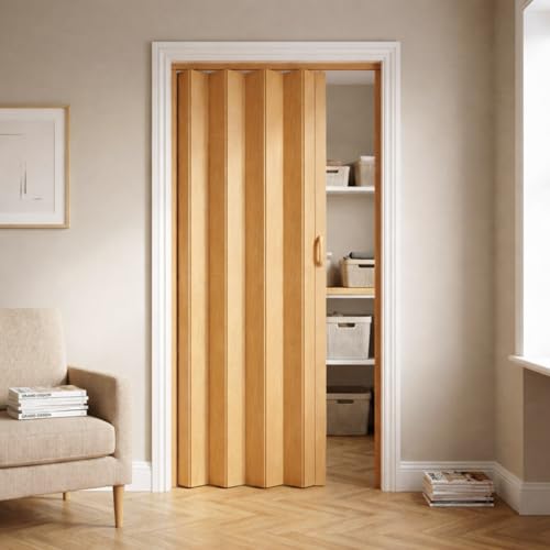 NOVECRAFTO PVC Folding Door 32 x 80 in Smooth Glide Magnetic Closure Moisture-Resistant Easy Installation Space-Saving Wood Effect Concertina Accordion Sliding Door (Brown Oak)
