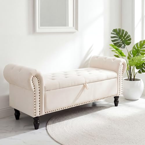 Clevich 70L Banco de Almacenamiento de Terciopelo, Baúl Pie de Cama y Zapatero, Banco Alargado Acolchado con Botones Capitoné, Ideal para Dormitorio, Entrada o Vestidor, Beige