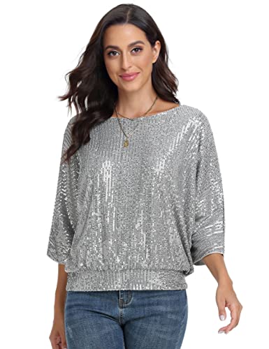 Kayamiya Women's Sequins Top Shimmer Glittery Loose Bat Sleeve Party Tunic Tops Off The Shoulder Metallic Tops Grey Silver Xl #TOP1