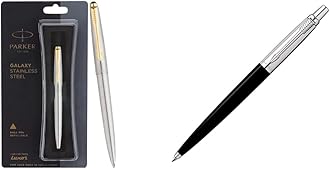 Parker - Galaxy Stainless Steel Gold Trim Ball Pen| Ink Col - Blue | Perfect For Professional Use | Elite Pen For Corporate Purposes & Jotter Standard Chrome Trim Ball Pen| Black Body Col| Ink Col...