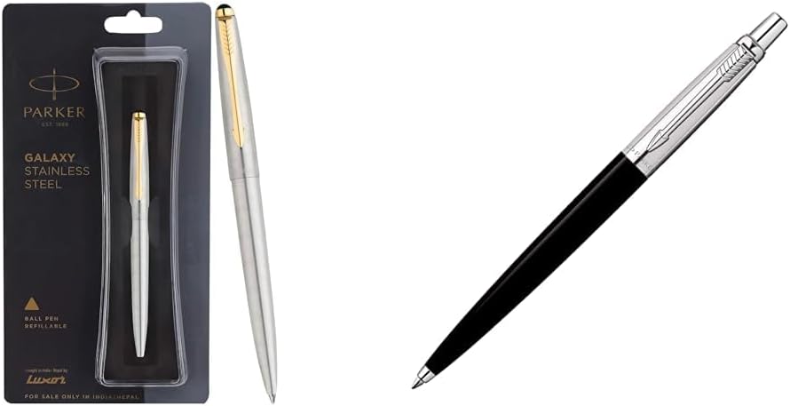Parker - Galaxy Stainless Steel Gold Trim Ball Pen| Ink Col - Blue | Perfect For Professional Use | Elite Pen For Corporate Purposes & Jotter Standard Chrome Trim Ball Pen| Black Body Col| Ink Col...