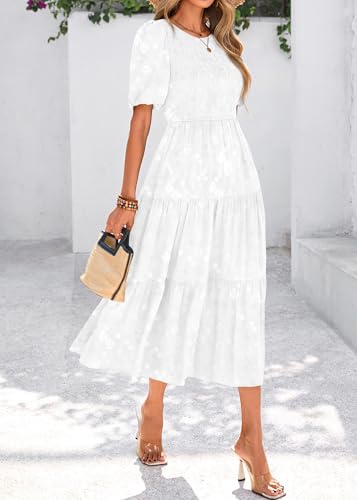Image of KIRUNDO Womens Summer Dresses Wedding Guest Floral Midi Sundress Short Puff Sleeve Flowy A Line Smocked Tiered Boho Dress