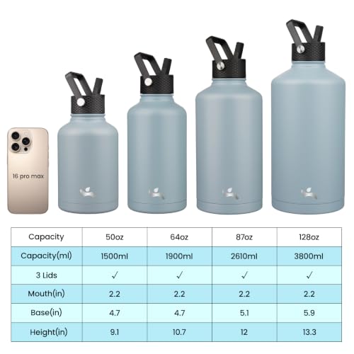 Image of Konokyo Insulated Water Bottle with Straw,87 oz 3 Lids Water Jug with Carrying Bag,Paracord Handle,Double Wall Vacuum Stainless Steel Metal Flask,Storm Blue
