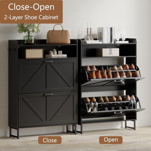 Image of Shoe Cabinet with 2 Flip Drawers, Freestanding Hidden Shoe Storage Organizer for Entryway, Narrow Slim Shoe Rack Cabinet with Open Storage & Hooks for Front Door Entrance, Living Room, Hallway, Black