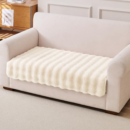 Image of HOKIPO 'FurHug' Luxury Faux Rabbit Fur Anti Slip 2 Seater Sofa Mat, Beige (NEW-5013-CRM*1)
