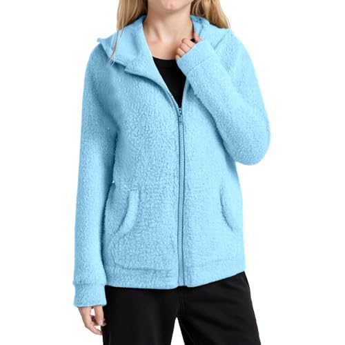 Fleece Jacket for Teen Girls Winter Warm Sherpa Plush Hoodies Zip Up Lightweight Cute Thin Coat with Pockets