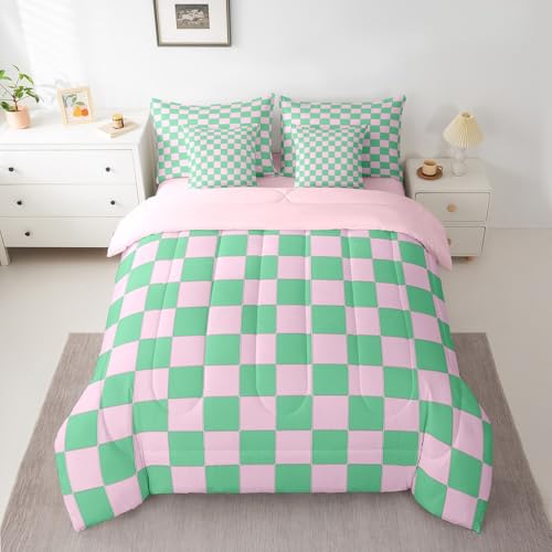 Image of Erosebridal Girls Cute Plaid King Comforter Set with Sheets 7 Piece,Pink Green Checkered Bed in A Bag for Kids Teen Geometric Checkerboard Bedding Sets,Aesthetic Grid Bed Set with Comforter