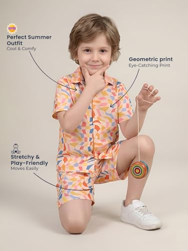 Image of POLKA TOTS Boys 100% Cotton Vacation Wear Co-ord Set | Trendy Printed Shirt & Shorts Combo for Kids | Breathable Summer Beach Outfit for Toddlers & Infants | Lightweight Daily Wear & Night Suit