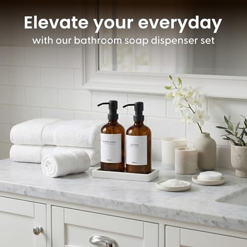 MaisoNovo Spülmittelspender Glas 2er-Set - 500 ml Bernstein Spüli Und Seifenspender Küche mit Schwarz Pumpen, mit Weiß Keramik Tablett, Wasserfeste Etiketten 4