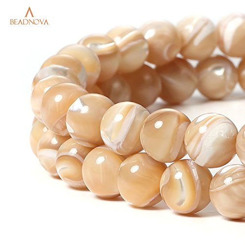 Image of BEADNOVA Natural Mother of Pearl Nacre Conch Shell Beads Natural Crystal Beads Stone Gemstone Round Loose Energy Healing with Crystal Stretch Cord for Jewelry Making (8mm, 45-48pcs)