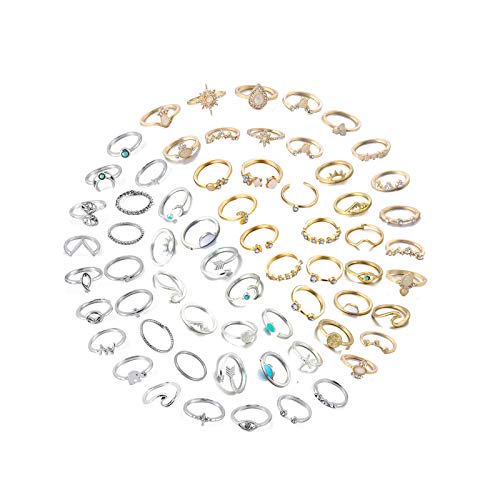62-101Pcs Vintage Knuckle Rings Set Stackable Midi Rings for Women Teen Girls Bohemian Gold&Silver Rings Crystal Joint Finger Rings Set (64Pcs)
