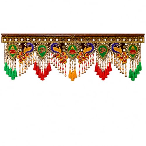 Image of ONESTA Handcrafted Peacock Door Toran with Om & Kalash Design | Decorative Bandhanwar with Mirror Work Bells & Tassels | Traditional Hanging for Main Door | Diwali Pooja Temple Home Entrance & Festival Decoration 3 Feet Size 36 Inch Pack 01)