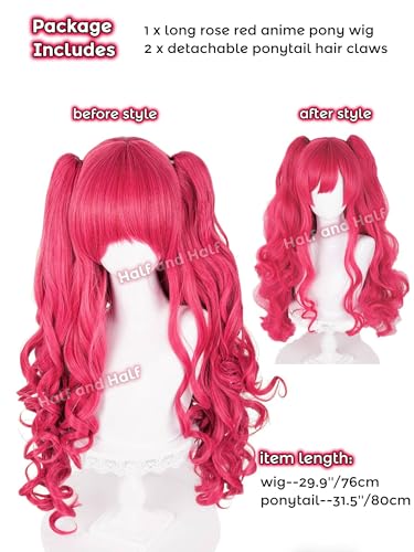 Image of Long Curly Red Pink Anime Ponytail Wig with Bangs Deep Pink Twin Tail Wigs | 31.5'' Pink Cute Pony Lolita Costume Wigs Synthetic Hair for Women Halloween Party Daily