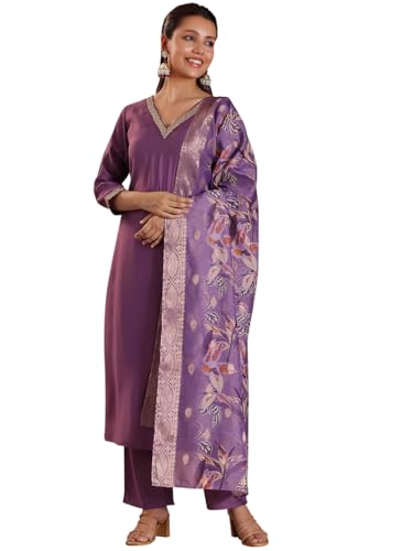 Image of Libas Womens Embellished Silk Blend Straight Kurta With Trousers and Dupatta | ethnic wear | bridal suit | wedding dress | occasion wear