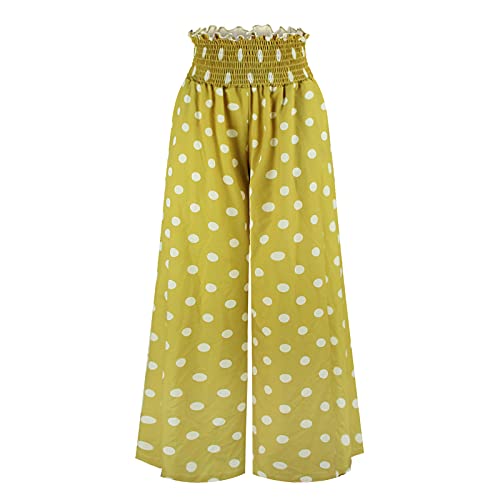 Plustrong Womenâ€™s Wide Leg Boho Pants Smock Waist Yoga Palazzo Summer Beach Pants (Yellow Polka dot 004,M)
