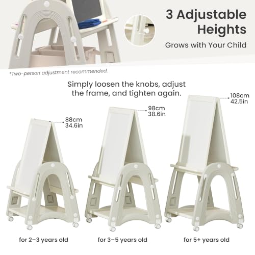 hoopyosms Art Easel for Kids 2-4 with Wheels, Whiteboard, Chalkboard & Paper Roll Adjustable Height 3-in-1 Toddler Easel for 2-4 Year Old Painting Easel for Kids with Storage & Accessories, Grey by hoopyosms - Used condition - Image 4