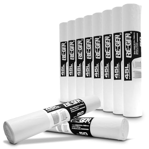 500 Pack (Full Box) RE-GEN 45L White Swing, Pedal, Square Bin Liners Refuse Sacks | Everyday, Office & Home Use | Industrial Strength Rubbish Garbage Bags 330/610 x 672mm