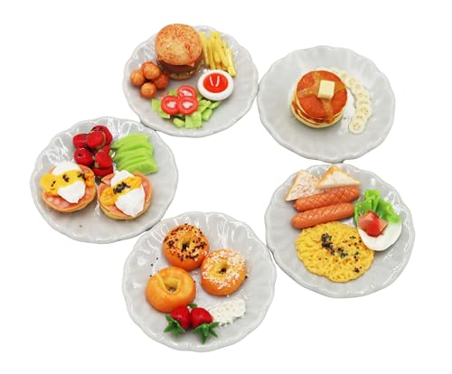 5 Pieces Burger, Egg Benedict,Omelet,Bagels and Pancake Dollhouse Miniatures Food