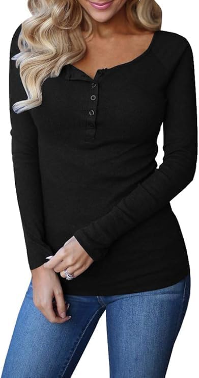 Remikstyt Womens Long Sleeve Henley Shirts Ribbed Button Down Casual Tunic Tops