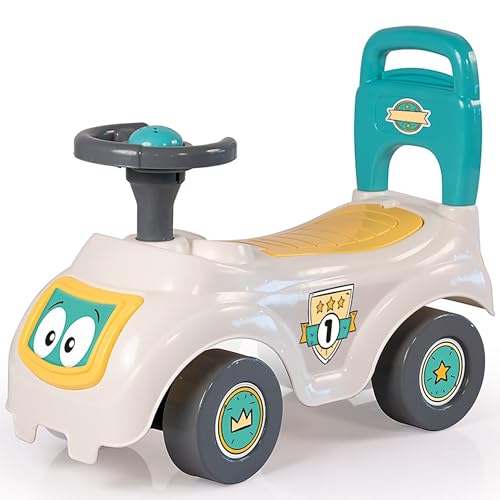 DOLU: Walk & Drive: Sit N' Ride - White-Yellow-Green - Foot-to-Floor Ride-On Toy Vehicle, Horn, Storage Seat, Push Handle, in-Outdoor, Toddlers 12mo+