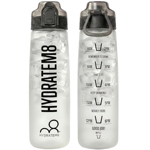 HYDRATEM8 32 oz Sports Water Bottle with Time Marker - Leak Proof Lockable Cap & Tritan BPA Free, Soft Touch Motivational Drinking Bottle with Handle for Gym, Hiking, School, Office,Travel（Black