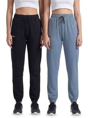 Image of Fflirtygo Cotton Solid Joggers /Track Pant /Solid Pajama /Leggings �100% Export Quality Soft Cotton Night Wear /Pocket Pyjama for Women Combo Pack of 2Pcs, Blue and Grey