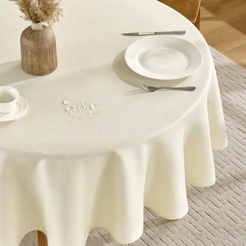 FIBORIA Nappe Ronde 160 cm de Diamètre en Aspect Lin Nappes Anti Taches,déperlante,Lavable Beige Tissu eleglant Decoration de Petite Table pour...