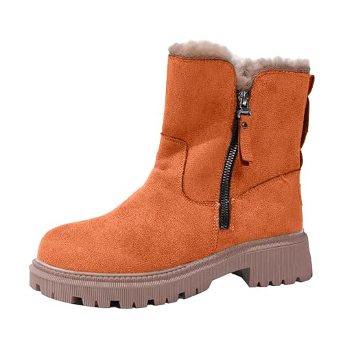 Botines para mujer con forro cálido, zapatos de invierno de ante para la nieve, botas de vaquero con cremallera lateral, botas de moda monocromáticas, zapatos casuales, naranja, 36 EU