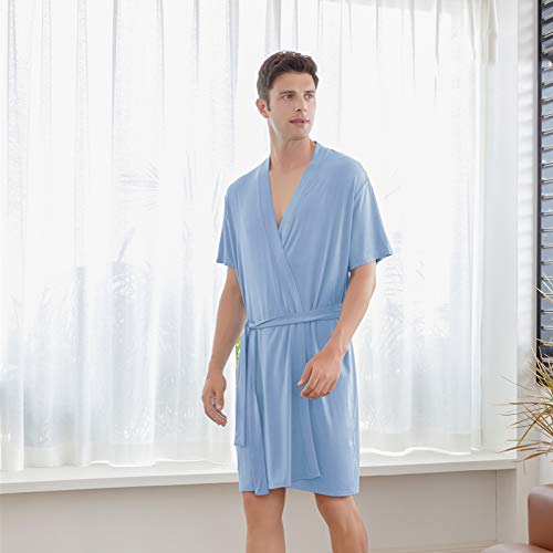 7 VEILS Mens Kimono Modal Knit Robe Soft Hotel Spa Bathrobe Lightweight Short Knee Length Sleepwear (Blue grey Short Sleeve, XX-Large)2