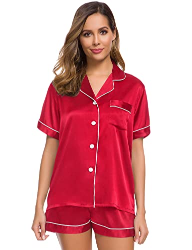Image of SWOMOG Womens Silk Satin Pajamas Set Short Sleeve Sleepwear Button Down Top and Shorts Loungewear 2 Piece Pjs Set XS-3XL