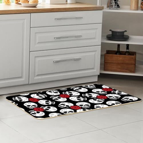 Alfombrillas de cocina lavables con estampado de calaveras y rosas rojas sobre negro 7