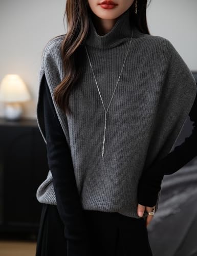 Women's Merino Wool Blend Oversized Sweater Vest 2025 Fall Winter Loose Turtleneck Sleeveless Knit Pullover Sweater3