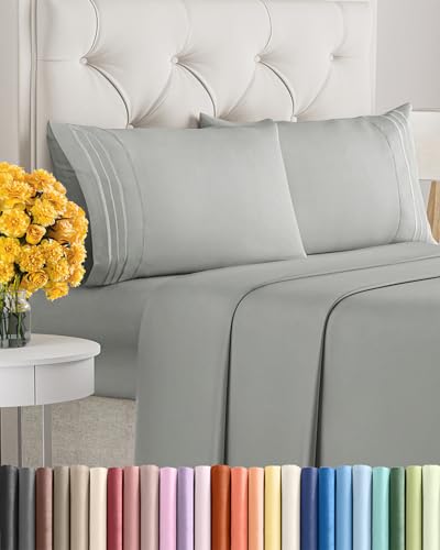 Image of Queen Size 4 Piece Sheet Set - Soft & Cooling Bed Sheets - Light Slate Grey | Fits 8 Inch to 16 inch Mattress, Wrinkle Free & Fade Resistant with Deep Pockets, Breathable, Comfy Hotel Luxury Bedding