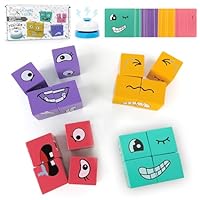 Audasi Wooden Face Changing Magic Cube Game 3D Puzzle Face-Changing Magic Cube Expression Puzzle Building Blocks Pattern Matching Game Educational Puzzles Toy Board Games with Bell and Card