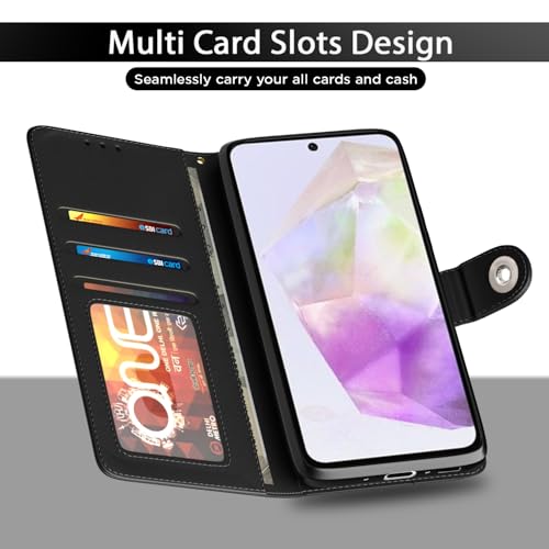 Image of Pikkme Flip Cover Leather Finish | Inside TPU with Card Pockets | Wallet Stand and Shock Proof | Complete Protection Button Flip Case for Samsung Galaxy A56 5G(Black)