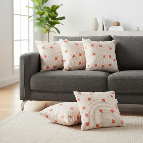 Image of STITCHNEST 'QuadraNest' Series Printed Quilted Velvet Cushion Cover 16x16 Inch Set of 5 | Premium Soft Fabric, Washable & Fade Resistant | Decorative Living Room Cushion Covers | Orange Floral