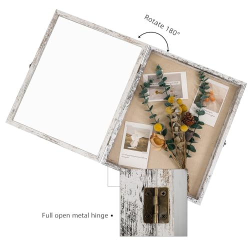 Image of GraduationMall 13x16 Wood Shadow Box Frame Glass Door Display Case with Linen Back and 6 Stick Pins,1.5 inches Interior Depth,Ideal for Memorabilia Pictures Flowers Medals Tickets Rustic White