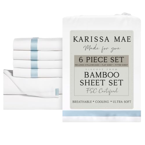 Image of KARISSA MAE 6 Piece Luxury Bamboo Viscose King Sheet Set, 4 Pillowcases | FSC Certified | Cooling | Ultra Soft | 18 inch Deep Pockets | Elastic Corner Straps | Includes Organizer Band [Signature Frame]
