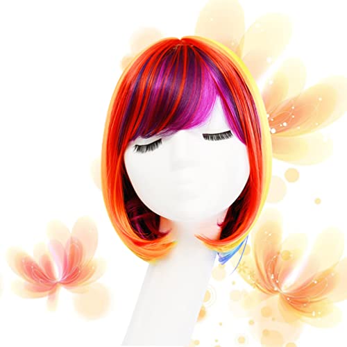 KALLORY Peruca de Cabelo Curto Peruca de Cabelo Arco- Íris Colorido Peruca Sintética Festa Pedaço de