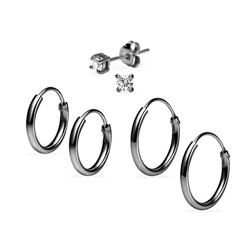 3 Pairs Sterling Silver Earrings Set for Women Girls 10mm 12mm Endless Hoops & 3mm Round CZ Stud Design