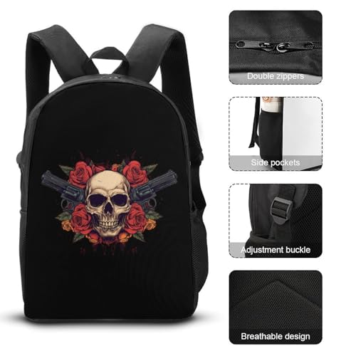 Skull with Roses Classic Backpack Lunch Bag Pencil Case 3 Piece Set Travel Daypack3