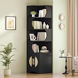 HOOBRO Corner Bookshelf, 70.9' Tall Corner Bookcase, Corner Shelf Storage Display Rack with 4 Open Shelves & Woven-Style Door Cabinet for Living Room, Home Office, Study, Black BK41SJ01