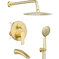 Gabrylly Shower System with Tub Spout, Bathtub Shower Faucet Set with 12" Rain Shower head and 5-Setting Handheld Shower, Wall Mounted Shower Fixtures with Pressure Balance Shower Valve, Brushed Gold