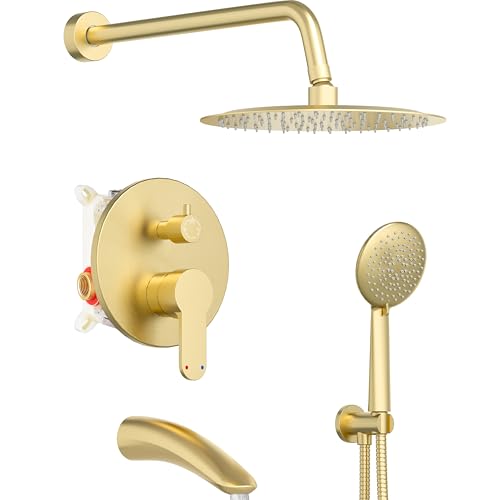 Image of Gabrylly Shower System with Tub Spout, Bathtub Shower Faucet Set with 12 inch Rain Shower head and 5-Setting Handheld Shower, Wall Mounted Shower Fixtures with Pressure Balance Shower Valve, Brushed Gold