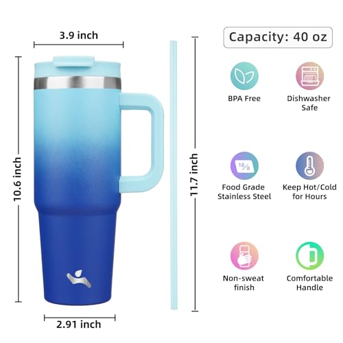 Image of Konokyo 40 oz Insulated Tumbler Water Bottle with Handle, Straw Lid | BPA-free and dishwasher safe; made for gym, travel, coffee and gifting, 2 straws, cup holder friendly,Sky