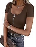Totatuit top de mujer sexy manga corta diseño côtelé cuello en U con cremallera camiseta ajustada estilo moderno y tendencia Marrón，XXL