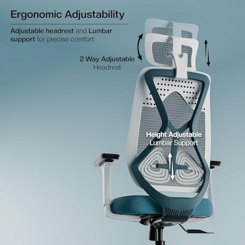Image of SpineX Pro CP101 Ergonomic High Back Mesh Office Chair with 3 Years Warranty | Lumbar Support, Adjustable 2D Armrests, Synchro Mechanism, Chrome Base | (White Blue)