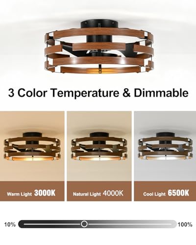 Image of Roomratv Fandelier Ceiling Fan with Light, 20'' Flush Mount Metal Caged Enclosed Blades Ceiling Fan with Remote, Low Profile Farmhouse Fan Light for Rustic Bedroom Kitchen Living Room Office