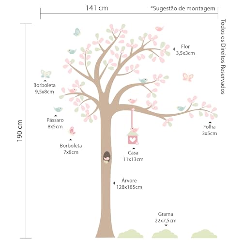 Adesivo de Parede Infantil Quarto Árvore Passarinhos 1,85m D